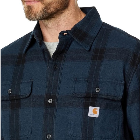 3XL Carhartt Men's 105439 Loose Fit Heavyweight Flannel Plaid Shirt Night Blue - Picture 1 of 6